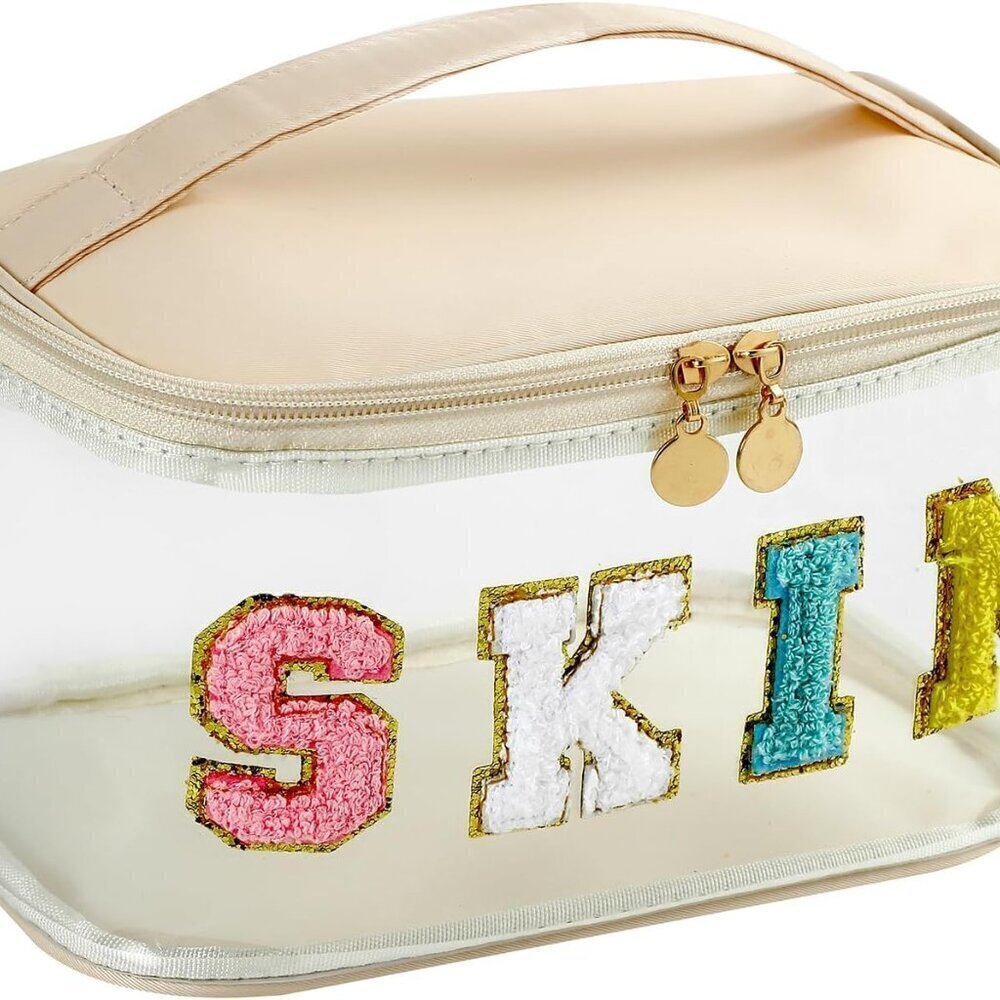 Personalized Chenille Letter Clear Skin Makeup Bag, Large Size Waterproof Nylon